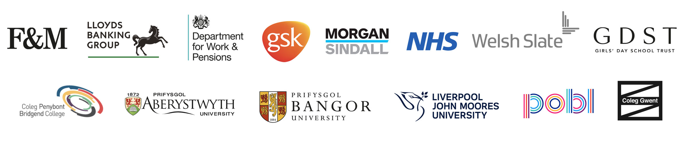 Fortnum & Mason, Lloyds Banking Group, Department for Work & Pensions, GSK, Morgan Sindall, NHS, Welsh Slate, Girls&rsquo; Day School Trust, Bridgend College, Aberystwyth University, Bangor University, Liverpool John Moores University, POBL, Coleg Gwent